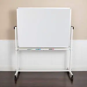 53" W x 62.5" H Double-Sided Mobile White Board with Pen Tray 53" W x 62.5" H Double-Sided Mobile White Board with Pen Tray