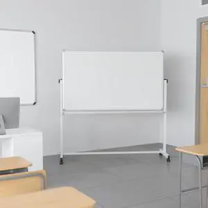 45.25" W x 54.75" H Double-Sided Mobile White Board with Pen Tray 45.25" W x 54.75" H Double-Sided Mobile White Board with Pen Tray