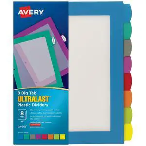 Ultralast Big Tab Plastic Dividers for 3 Ring Binders, 8-Tab Sets, Multicolor with White Labels, 24 Sets, 192 Divider Tabs (24901) Ultralast Big Tab Plastic Dividers for 3 Ring Binders, 8-Tab Sets, Multicolor with White Labels, 24 Sets, 192 Divider Tabs (24901)