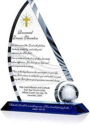 Personalized Crystal Sailboat Pastor Retirement Farewell Gift Plaque, Customized with Pastor & Church Name, Unique Retirement Gift for Bishop, Reverend, Pastor, Priest, Minister, Clergy (L - 10") Personalized Crystal Sailboat Pastor Retirement Farewell Gift Plaque, Customized with Pastor & Church Name, Unique Retirement Gift for Bishop, Reverend, Pastor, Priest, Minister, Clergy (L - 10")