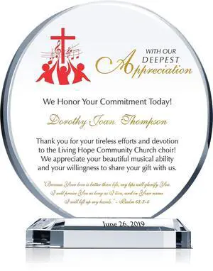 Custom Choir Director Appreciation Plaque Personalized Crystal Retirement or Farewell Gift for Music Minister, Pianist, or Church Organist (M-6.5") Custom Choir Director Appreciation Plaque Personalized Crystal Retirement or Farewell Gift for Music Minister, Pianist, or Church Organist (M-6.5")