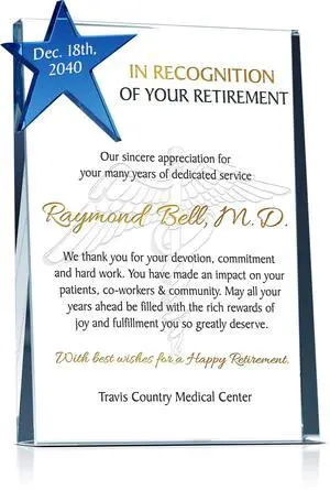 Personalized Crystal Star Retirement Gift Plaque for Doctor or Nurse, Customized with Retiree's name and Retirement Date, unique Retirement gift for Physicians or any Medical Personnel (M - 8") Personalized Crystal Star Retirement Gift Plaque for Doctor or Nurse, Customized with Retiree's name and Retirement Date, unique Retirement gift for Physicians or any Medical Personnel (M - 8")