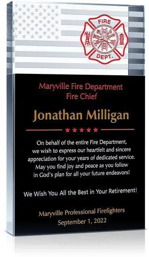 Personalized Crystal Retirement Gift Plaque for Fire Chief, Customized with Firefighter's name and title, Unique Fire Department, Firefighter Retirement Award Plaque (M - 6.5") Personalized Crystal Retirement Gift Plaque for Fire Chief, Customized with Firefighter's name and title, Unique Fire Department, Firefighter Retirement Award Plaque (M - 6.5")