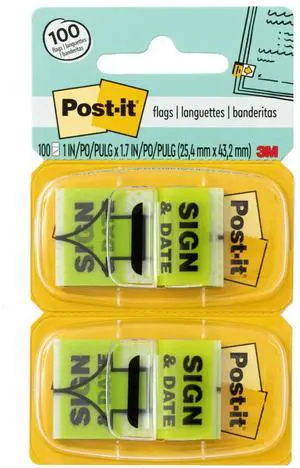 "Sign and Date" Flags, 50/Dispenser, 2 Dispensers/Pack, 1 in Wide, Bright Green "Sign and Date" Flags, 50/Dispenser, 2 Dispensers/Pack, 1 in Wide, Bright Green