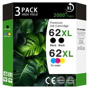 62XL High Yield Compatible Ink Cartridges Replacement for HP 62, Fit HP Envy 5540 5640 5660 7644 OfficeJet 5740 5741 8040 200 250 Series Printers, Combo 3-Pack (2 Black / 1 Tri-Color) 62XL High Yield Compatible Ink Cartridges Replacement for HP 62, Fit HP Envy 5540 5640 5660 7644 OfficeJet 5740 5741 8040 200 250 Series Printers, Combo 3-Pack (2 Black / 1 Tri-Color)