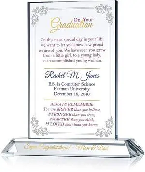 Personalized Crystal College Graduation Gift for Her Engraved Plaque with Name, School & Date for Daughter, Granddaughter or Niece (M - 7.5") Personalized Crystal College Graduation Gift for Her Engraved Plaque with Name, School & Date for Daughter, Granddaughter or Niece (M - 7.5")