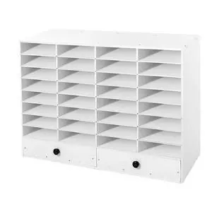 Literature Organizer, 32 Compartments Office Mailboxes with Adjustable Shelves, 2 Drawers for Office, Classroom, Home, Printer Room (White) Literature Organizer, 32 Compartments Office Mailboxes with Adjustable Shelves, 2 Drawers for Office, Classroom, Home, Printer Room (White)