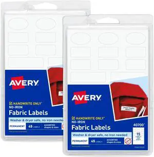No-Iron Fabric Labels, White | Washer and Dryer-Safe | Non-Printable | Assorted Shapes | 90 Labels, Pack of 18 No-Iron Fabric Labels, White | Washer and Dryer-Safe | Non-Printable | Assorted Shapes | 90 Labels, Pack of 18