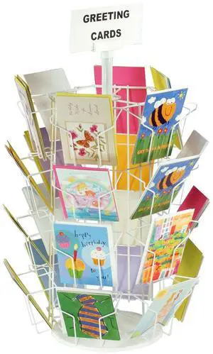 Greeting Card Rack with Twenty-Four 5 x 7 Pockets for Countertop Use, 29 Inch Tall Four - Tier Hexagon Wire Display Stand - White Wire with Plastic Base and Sign Holder Greeting Card Rack with Twenty-Four 5 x 7 Pockets for Countertop Use, 29 Inch Tall Four - Tier Hexagon Wire Display Stand - White Wire with Plastic Base and Sign Holder