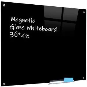 Magnetic Black Glass Board with Eraser Frameless Tempered Glass Dry Erase Blackboard with Marker Tray for Interactive Office, Wall Mounted Frosted Black Glass Board, 48" x 36" Magnetic Black Glass Board with Eraser Frameless Tempered Glass Dry Erase Blackboard with Marker Tray for Interactive Office, Wall Mounted Frosted Black Glass Board, 48" x 36"