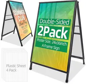 2 Pack Heavy Duty A-Frame Sidewalk Sign 24 x 36 Inch, Portable Double-Sided Sandwich Board Slide-in Folding Metal Signboard with 4 Plastic Poster Boards 2 Pack Heavy Duty A-Frame Sidewalk Sign 24 x 36 Inch, Portable Double-Sided Sandwich Board Slide-in Folding Metal Signboard with 4 Plastic Poster Boards