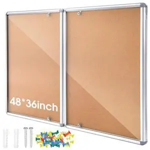 48"x36" Lockable Enclosed Bulletin Board with Glass Door, Weather Resistant Cork Notice Board, Wall Mounted Display Case for School Office Community Outdoor, 12xA4(Brown, Silver Frame) 48"x36" Lockable Enclosed Bulletin Board with Glass Door, Weather Resistant Cork Notice Board, Wall Mounted Display Case for School Office Community Outdoor, 12xA4(Brown, Silver Frame)
