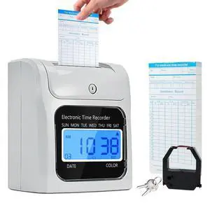 Employee Time Clocks for Small Business, Auto-Align Time Clock Punch Machine with 50-Piece Time Cards, Two Security Keys, and One Ink Ribbon Cartridge Employee Time Clocks for Small Business, Auto-Align Time Clock Punch Machine with 50-Piece Time Cards, Two Security Keys, and One Ink Ribbon Cartridge