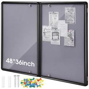 48"x36" Lockable Enclosed Bulletin Board with Glass Door, Weather Resistant Cork Notice Board, Wall Mounted Display Case for School Office Community Outdoor, 12xA4(Gray, Black Frame) 48"x36" Lockable Enclosed Bulletin Board with Glass Door, Weather Resistant Cork Notice Board, Wall Mounted Display Case for School Office Community Outdoor, 12xA4(Gray, Black Frame)