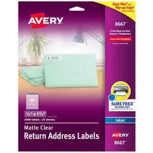 Matte Clear Return Address Labels,Sure Feed Technology,Inkjet,1/2" x 1-3/4",2,000 Labels, 5 Packs (8667) Matte Clear Return Address Labels,Sure Feed Technology,Inkjet,1/2" x 1-3/4",2,000 Labels, 5 Packs (8667)