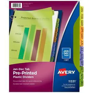 Pre-Printed Jan-Dec Plastic Dividers for 3 Ring Binders, 12-Tab Sets, Multicolor, 24 Sets, 288 Divider Tabs (11331) Pre-Printed Jan-Dec Plastic Dividers for 3 Ring Binders, 12-Tab Sets, Multicolor, 24 Sets, 288 Divider Tabs (11331)