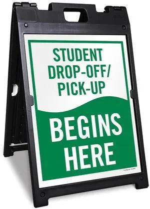 24 x 18 inch 'Student Drop-Off and Pick-Up Begins Here' Sidewalk Sign Stand Kit, Two-Sided Sandwich Board Sign, Plastic, USA-Made, Green and White Sign (1 Black A-Frame + 2 Sign Panels) 24 x 18 inch 'Student Drop-Off and Pick-Up Begins Here' Sidewalk Sign Stand Kit, Two-Sided Sandwich Board Sign, Plastic, USA-Made, Green and White Sign (1 Black A-Frame + 2 Sign Panels)