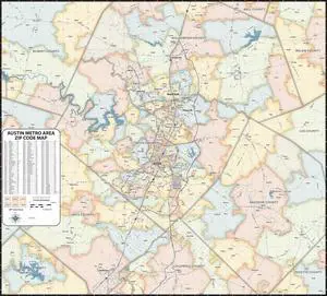 Austin TX ZIP Code Laminated Map (47' wide x 42' tall) Austin TX ZIP Code Laminated Map (47' wide x 42' tall)