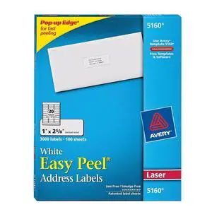 4 X Easy Peel White Mailing Labels for Laser Printers, 1 x 2.62 Inch, Box of 3000 Labels (5160) 4 X Easy Peel White Mailing Labels for Laser Printers, 1 x 2.62 Inch, Box of 3000 Labels (5160)