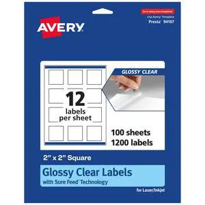 Glossy Clear Square Labels, Sure Feed Technology, 2" x 2", 1,200 Glossy Clear Labels, Print-to-The-Edge, Laser/Inkjet Printable Glossy Clear Square Labels, Sure Feed Technology, 2" x 2", 1,200 Glossy Clear Labels, Print-to-The-Edge, Laser/Inkjet Printable