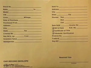 Automotive Vehicle Dealer File Jackets #19 Car Record Envelope - 500 Qty Automotive Vehicle Dealer File Jackets #19 Car Record Envelope - 500 Qty