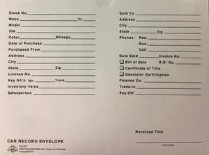 Automotive Vehicle Dealer File Jackets #19 Car Record Envelope - 500 Qty Automotive Vehicle Dealer File Jackets #19 Car Record Envelope - 500 Qty