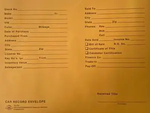 Automotive Vehicle Dealer File Jackets #19 Car Record Envelope - 500 Qty (W17) Automotive Vehicle Dealer File Jackets #19 Car Record Envelope - 500 Qty (W17)