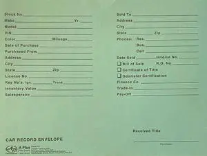 Automotive Vehicle Dealer File Jackets #19 Car Record Envelope - 500 Qty Automotive Vehicle Dealer File Jackets #19 Car Record Envelope - 500 Qty