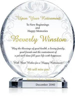 Custom Engraved Crystal Retirement Plaque Personalized Circle Gift for Coworker, Colleague, Boss, or Employee (L - 8") Custom Engraved Crystal Retirement Plaque Personalized Circle Gift for Coworker, Colleague, Boss, or Employee (L - 8")