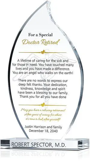 Personalized Flame Shaped Crystal Family Doctor Retirement Gift Plaque from Patients, Customized with Retiree's name, Unique Physician Retirement Appreciation Award (L - 9") Personalized Flame Shaped Crystal Family Doctor Retirement Gift Plaque from Patients, Customized with Retiree's name, Unique Physician Retirement Appreciation Award (L - 9")