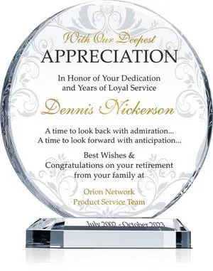 Custom Engraved Crystal Retirement Plaque Personalized Gift for Employee, Manager, Coworker, or Friend (M-6.5") Custom Engraved Crystal Retirement Plaque Personalized Gift for Employee, Manager, Coworker, or Friend (M-6.5")