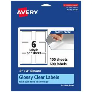 Glossy Clear Square Labels, Sure Feed Technology, 3" x 3", 600 Glossy Clear Labels, Print-To-The-Edge, Laser/Inkjet Printable Glossy Clear Square Labels, Sure Feed Technology, 3" x 3", 600 Glossy Clear Labels, Print-To-The-Edge, Laser/Inkjet Printable