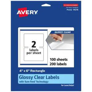 Glossy Clear Rectangle Labels, Sure Feed Technology, 4" x 6", 200 Glossy Clear Labels, Print-to-The-Edge, Laser/Inkjet Printable Glossy Clear Rectangle Labels, Sure Feed Technology, 4" x 6", 200 Glossy Clear Labels, Print-to-The-Edge, Laser/Inkjet Printable