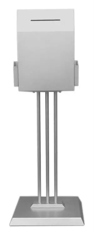Steel Ballot Box for Floor, with (2) 4.5-inch Brochure Pockets, 45-inch-tall Suggestion Box Stand Silver Steel Ballot Box for Floor, with (2) 4.5-inch Brochure Pockets, 45-inch-tall Suggestion Box Stand Silver