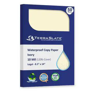 Waterproof Paper, Rip-Proof Colored Paper, Ivory, 50 Sheets, 10 Mil (120 lb Cover), 8.5 x 14, Laser Printer and Copy Machine Compatible Waterproof Paper, Rip-Proof Colored Paper, Ivory, 50 Sheets, 10 Mil (120 lb Cover), 8.5 x 14, Laser Printer and Copy Machine Compatible