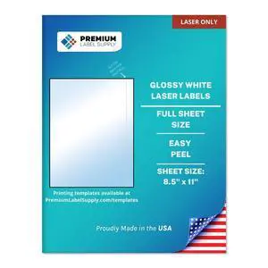 Full Sheet Glossy White Labels 8.5" x 11" Laser Printers Only 500 Sheets - Letter Size Full Sheet Glossy White Labels 8.5" x 11" Laser Printers Only 500 Sheets - Letter Size