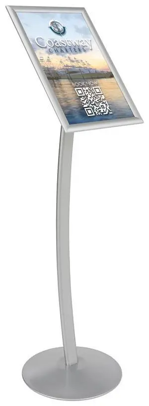 Floor-Standing Sign Stand for 11 x 17 inch Poster, Snap-Open Frame - Silver Anodized Aluminum Floor-Standing Sign Stand for 11 x 17 inch Poster, Snap-Open Frame - Silver Anodized Aluminum