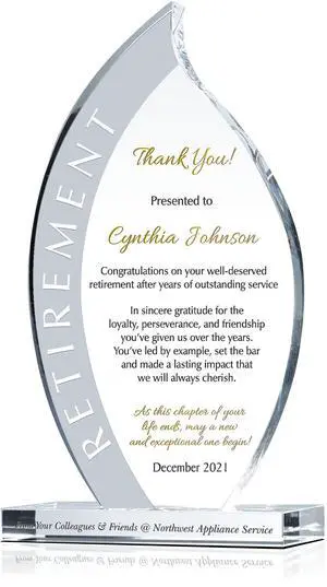 Personalized Crystal Flame Shaped Employee Retirement Award for Man or Woman, Customized with Retiree's Name, Unique Retirement Gift for Co-worker and friend (XL - 12") Personalized Crystal Flame Shaped Employee Retirement Award for Man or Woman, Customized with Retiree's Name, Unique Retirement Gift for Co-worker and friend (XL - 12")