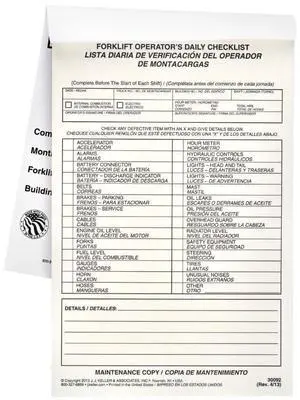 J. J. Keller Forklift Operator Daily Checklist 25-pk. - Bilingual, Book Format with 31 Sets, 2-Ply, Carbonless, 5.5" x 8.5", Safety & Maintenance Forklift Checklist Inspection Book J. J. Keller Forklift Operator Daily Checklist 25-pk. - Bilingual, Book Format with 31 Sets, 2-Ply, Carbonless, 5.5" x 8.5", Safety & Maintenance Forklift Checklist Inspection Book
