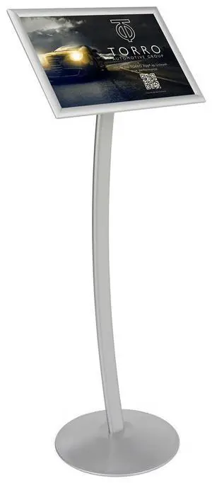 Silver Finish Aluminum Sign Frame, 14 x 46-3/4 x 14-Inch, Free-Standing, Snap-Open Frame, With Curved Pole Silver Finish Aluminum Sign Frame, 14 x 46-3/4 x 14-Inch, Free-Standing, Snap-Open Frame, With Curved Pole