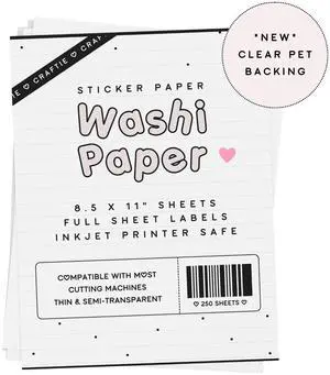 8.5 x 11 Washi Paper with Clear PET Backing Sticker Paper White Printable Inkjet Printer Compatible Full Sheet Letter Size Labels (250 Sheets) 8.5 x 11 Washi Paper with Clear PET Backing Sticker Paper White Printable Inkjet Printer Compatible Full Sheet Letter Size Labels (250 Sheets)