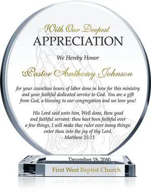 Custom Pastor Appreciation Plaque Personalized Retirement & Thank You Gift for Minister, Clergy, Church Leader or Staff (XL - 10") Custom Pastor Appreciation Plaque Personalized Retirement & Thank You Gift for Minister, Clergy, Church Leader or Staff (XL - 10")