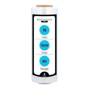 Stretch Wrap, 4 Pack, 18 Inch x 1500 Feet, 90 Gauge, Clear Plastic Cling, Blown Hand Stretch Film Rolls for Packaging Moving Pallets Stretch Wrap, 4 Pack, 18 Inch x 1500 Feet, 90 Gauge, Clear Plastic Cling, Blown Hand Stretch Film Rolls for Packaging Moving Pallets