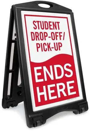 Student Drop-Off and Pick-Up Ends Here Foldable Black A-Frame Sidewalk Sign Kit, 36" x 24", Built-In-Wheels, Double-Sided Portable Plastic Sandwich Board, 2 Sign Panels, USA-Made Student Drop-Off and Pick-Up Ends Here Foldable Black A-Frame Sidewalk Sign Kit, 36" x 24", Built-In-Wheels, Double-Sided Portable Plastic Sandwich Board, 2 Sign Panels, USA-Made