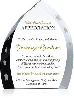 Custom Crystal Boss Appreciation Award Plaque for Man and Woman, Personalized with Boss Name and Personal Message, Unique Appreciation, Promotion, Departing, Retirement Gift (L - 9") Custom Crystal Boss Appreciation Award Plaque for Man and Woman, Personalized with Boss Name and Personal Message, Unique Appreciation, Promotion, Departing, Retirement Gift (L - 9")