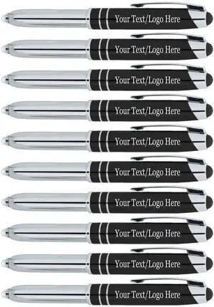 Personalized Pens with Your Custom Text or Logo- Bulk 50 Pack- for Marketing, Parties, and Events, 3 in 1 LED Flashlight + Ballpoint Pen + Stylus for Touchscreen Devices, Black Personalized Pens with Your Custom Text or Logo- Bulk 50 Pack- for Marketing, Parties, and Events, 3 in 1 LED Flashlight + Ballpoint Pen + Stylus for Touchscreen Devices, Black