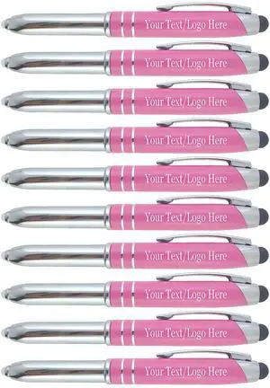 Personalized Pens with Your Custom Text or Logo- Bulk 50 Pack- for Marketing, Parties, and Events, 3 in 1 LED Flashlight + Ballpoint Pen + Stylus for Touchscreen Devices, Pink Personalized Pens with Your Custom Text or Logo- Bulk 50 Pack- for Marketing, Parties, and Events, 3 in 1 LED Flashlight + Ballpoint Pen + Stylus for Touchscreen Devices, Pink