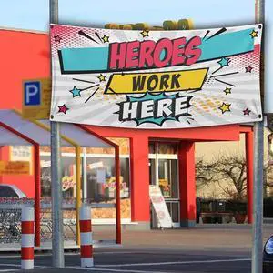 Banner Heroes Work Here Waterproof Vinyl Banner, 7x16 Feet Banner Heroes Work Here Waterproof Vinyl Banner, 7x16 Feet