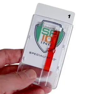 Bulk 50 Pack - Frosted Vertical Rigid Badge Holder I.D. Card Dispenser with Easy Access Red Extractor Slide - Clear Hard Plastic with Thumb Tab by Bulk 50 Pack - Frosted Vertical Rigid Badge Holder I.D. Card Dispenser with Easy Access Red Extractor Slide - Clear Hard Plastic with Thumb Tab by