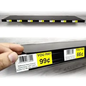 Adhesive Data Channels, 48" L x 1.25" H Stick on C Channels & UPC Label Holder For Wood, Metal & Plastic Shelves, Black, 50 Pack Adhesive Data Channels, 48" L x 1.25" H Stick on C Channels & UPC Label Holder For Wood, Metal & Plastic Shelves, Black, 50 Pack